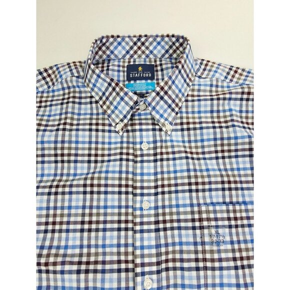 Stafford Regular Fit Size XL 17-17.5 32-33 Mens White Plum Blue Check Shirt NWT - Picture 1 of 10